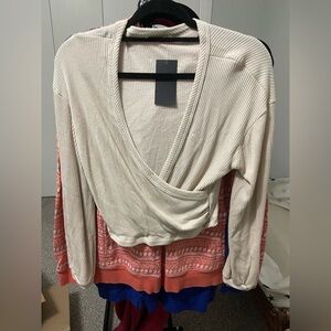 Dainty Hooligan Ribbed Cream Wrap Front Pullover